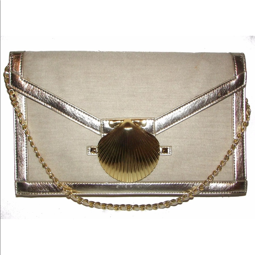 Felix Rey Canvas Shell Clutch Chain Strap Tan/Gold - image 3